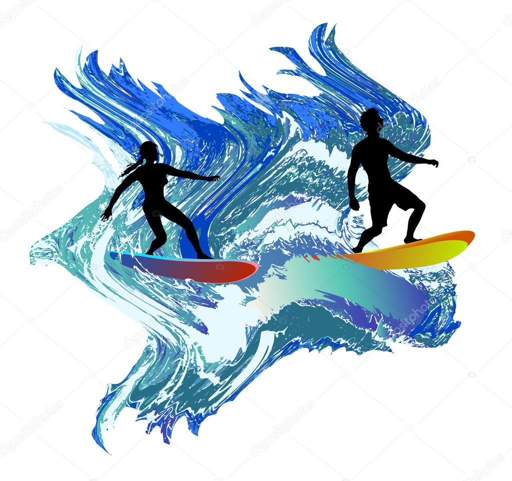 Silhouettes of surfers in the turbulent waves