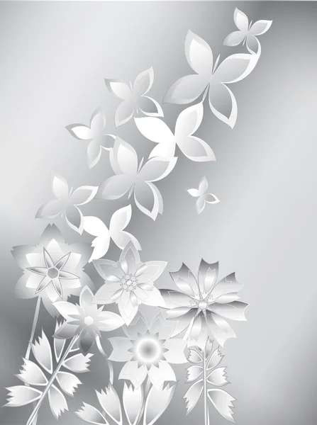 Fondo blanco y negro con mariposas y flores abstractas — Vector de stock