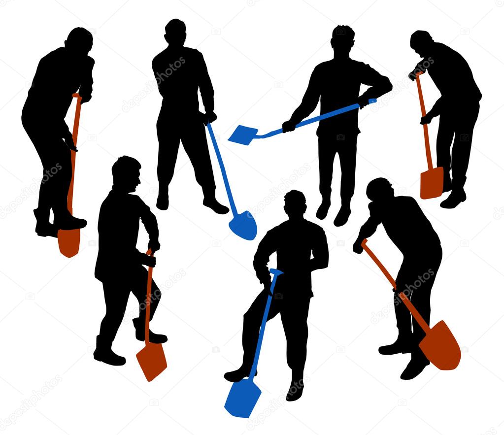 Silhouettes of a working man with spade and shovel