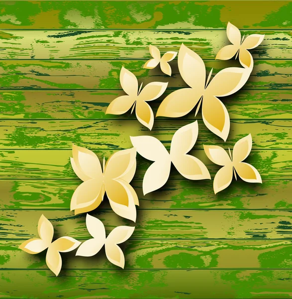 Trä grunge bakgrund med stiliserade papper fjärilar — Stock vektor