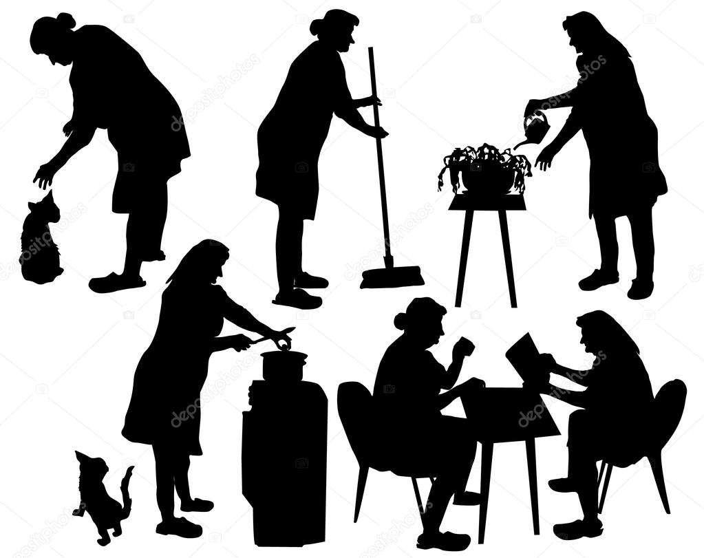 Silhouettes of grandmother taking care of household and relaxing