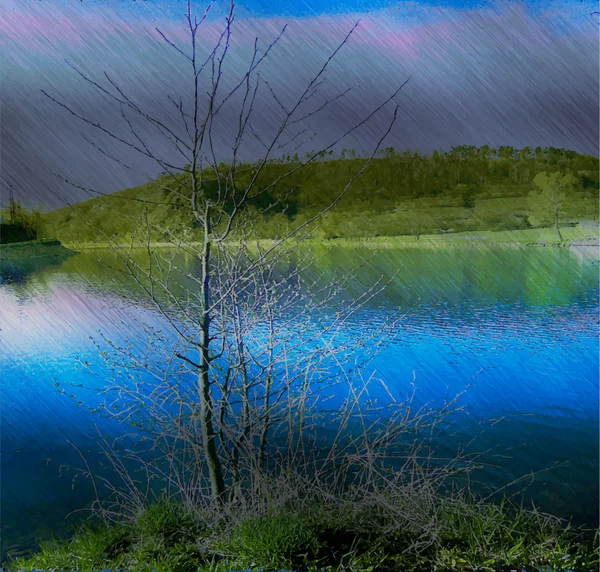 Paesaggio con isola fluviale e albero solitario in una tempesta — Vettoriale Stock