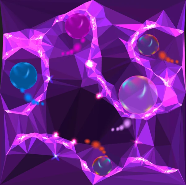 Fialové a růžové pozadí abstraktní mnohoúhelníky s zářící duhové kuličky — Stockový vektor