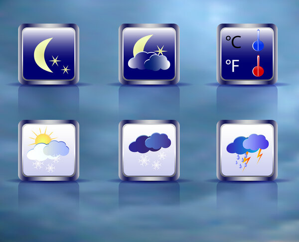 Set of weather square icons on a blue background of sky