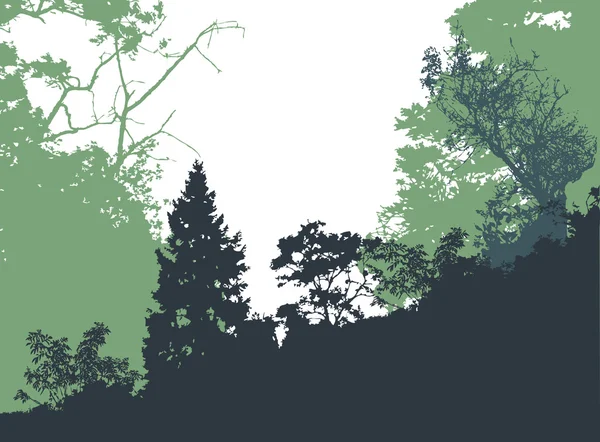 Paysage forestier panoramique avec silhouettes d'arbres et de plantes — Image vectorielle