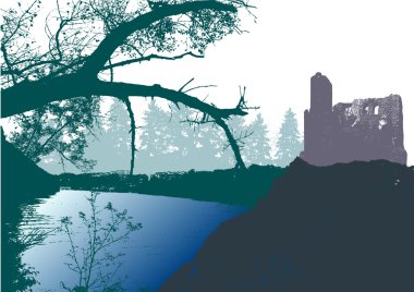 Panoramic landscape with castle, river and silhouettes of trees