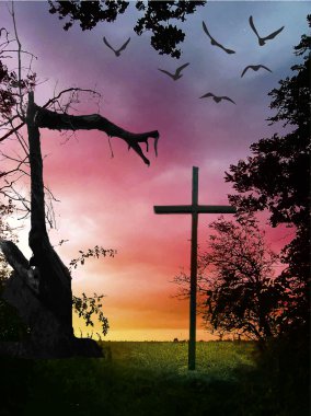 Halloween scary landcape with cross and broken tree
