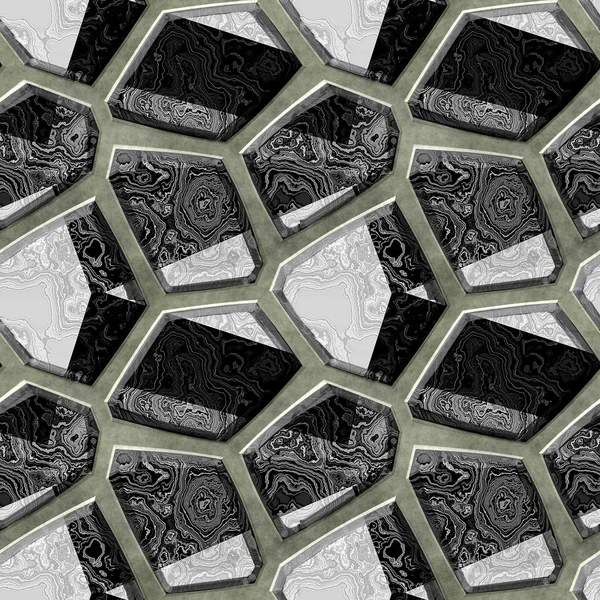 Naadloze opluchting zwart en wit gemarmerd patroon van scherpe veelhoekige stenen — Stockfoto