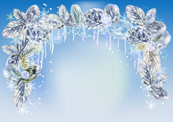 Fondo de invierno con carámbanos, copos de nieve y hojas — Vector de stock