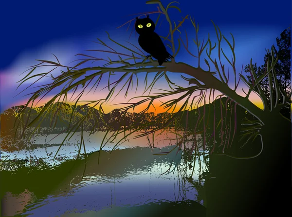 Paysage sombre d'Halloween avec arbres, hibou et coucher de soleil reflétés dans l'eau — Image vectorielle