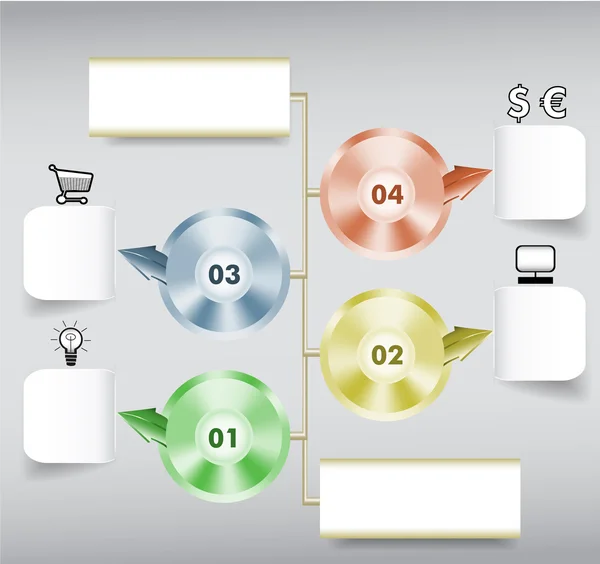 Infografías plantilla paso a paso con bloc de notas de papel, discos metálicos, iconos y flechas — Vector de stock