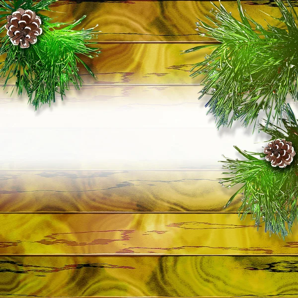 Grunge wooden christmas background of planks with needles and pinecones — Stock Photo, Image