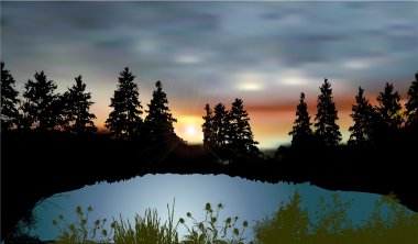 Bir dağ gölü, ağaçlar, bitkiler ve günbatımı siluetleri ile karanlık manzara