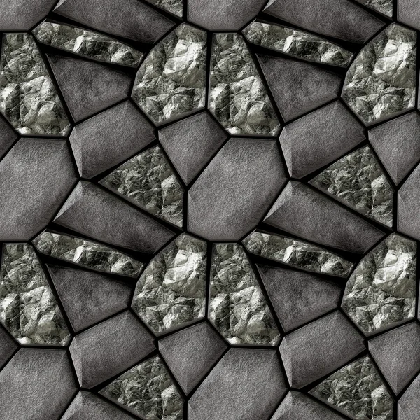 Gebarsten donker naadloze patroon van zwarte korrelige stenen en zwarte kristallen — Stockfoto
