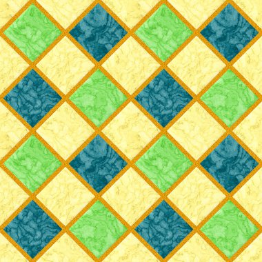 Astract seamless marbled floor pattern of green, yellow and blue squares with orange grainy frame