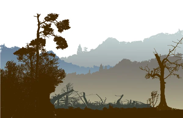 Paysage nostalgique panoramique avec montagnes, silhouettes d'arbres et de plantes — Image vectorielle