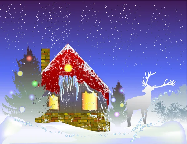Weihnachten Winter Waldlandschaft mit Haus, Rentiere und Silhouetten von Bäumen — Stockvektor