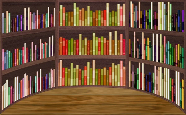 Biblioteca semicircular con estantes de libros y suelo de madera —  Fotos de Stock
