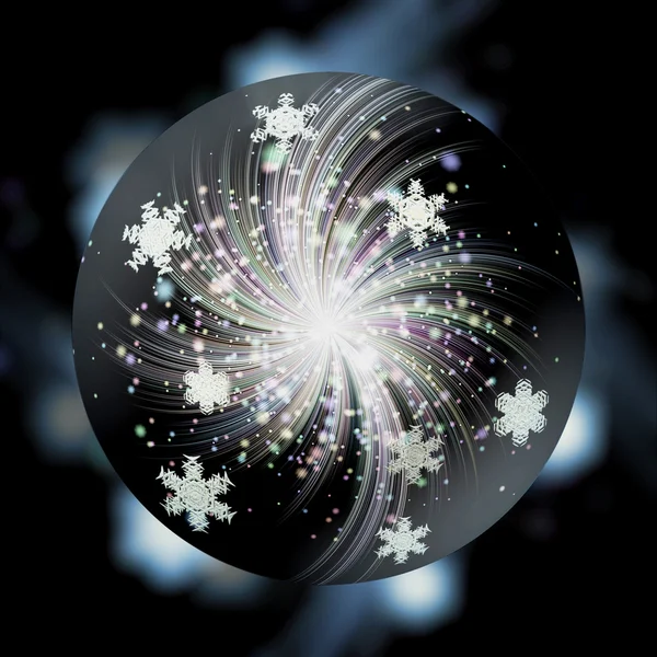 Boule magique noire avec flocons de neige, feux d'artifice et étoiles — Photo