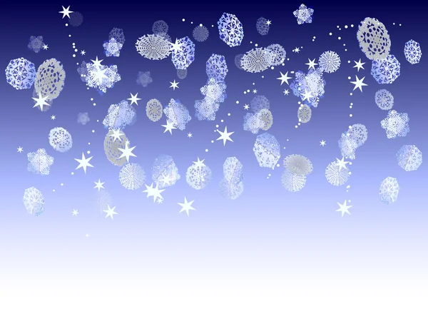 Vintern frozen bakgrund med snöflingor, stjärnor och flygande snö — Stock vektor