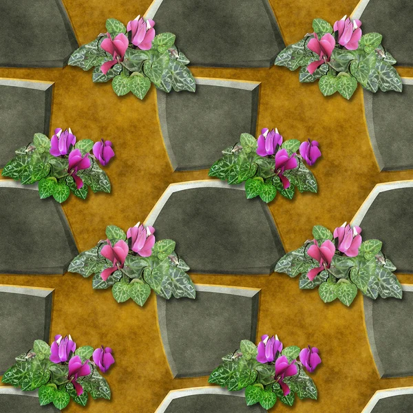 Seamless relief pattern of gray stones and pink flowers — Stock Photo, Image