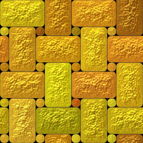 Abstrato padrão de mosaico relevo sem costura de ouro, laranja e retângulos verdes e placas redondas — Fotografia de Stock