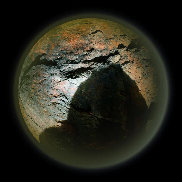 Corpo celeste astratto con struttura in pietra incrinata e ombra di un meteorite in avvicinamento — Foto Stock