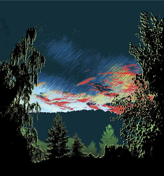 Paisaje panorámico oscuro con siluetas de árboles, nubes rojas y torrentes de lluvia — Vector de stock