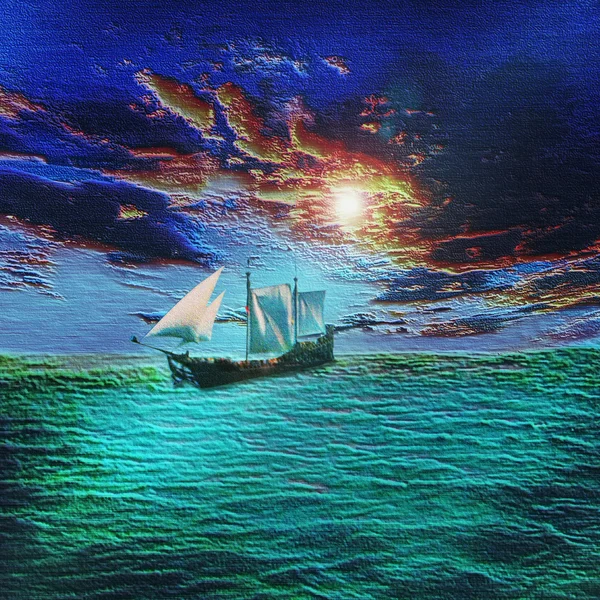 Reliëf reliëf landschap met zee, zeilboot en storm wolken die lijkt op oude gebarsten schilderen — Stockfoto