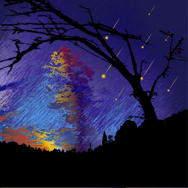 Paysage nocturne sombre avec silhouettes d'arbres, nuages et météorites tombantes — Image vectorielle