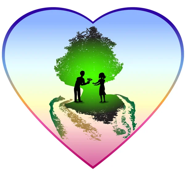 Valentine heart with a couple under green tree Stock Illustration