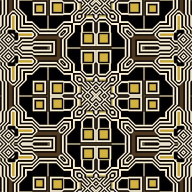 Soyut sorunsuz retro siyah, beyaz ve altın desen kareler, dikdörtgenler ve geometrik motifler