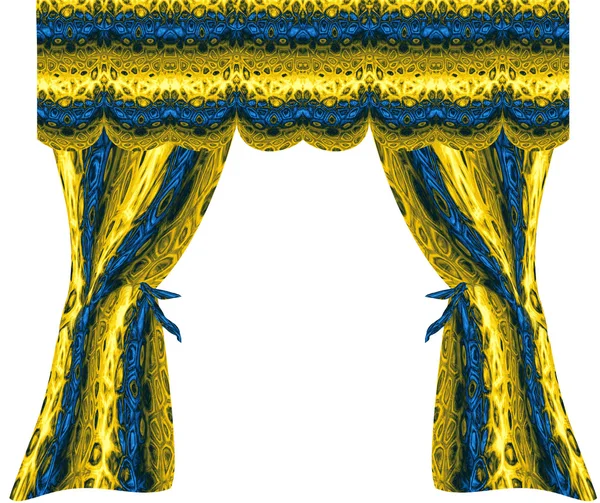 Folded gold and blue curtains with pattern of geometric motifs — Stock Photo, Image