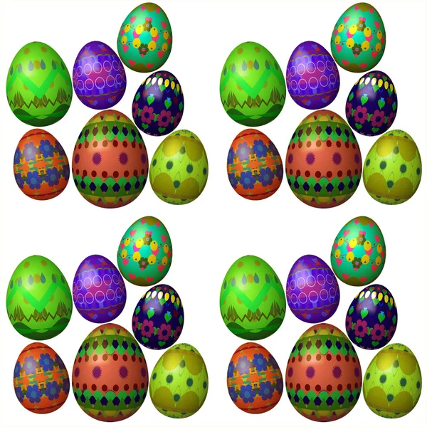 Seamless pattern of colorful Easter eggs with cheerful spring motifs on a white background — Stock Photo, Image