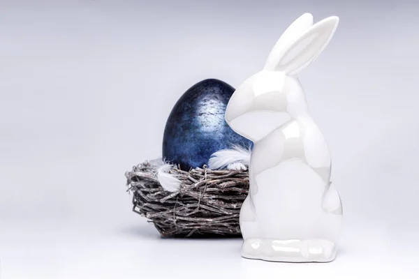 White Easter Bunny Figure White Uniform Background Easter Nest Made — Stock Photo, Image