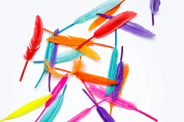 Penas Artificiais Coloridas Espalhadas Por Fundo Branco Para Trabalho Criativo — Fotografia de Stock