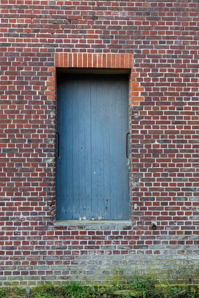 Parallel shot of a blue wooden door and a weathered red brick wall with some bricks overgrown with moss, use as texture reference for a game asset