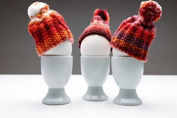 Group if talking egg heads in white egg cups with a wool beanie hat on a white table with dark grey background. Use as template or symbol of communication with other people.