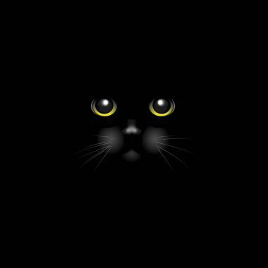 Siyah arka planda kara kedi. Yeşil gözler. Kedi yüzlü.