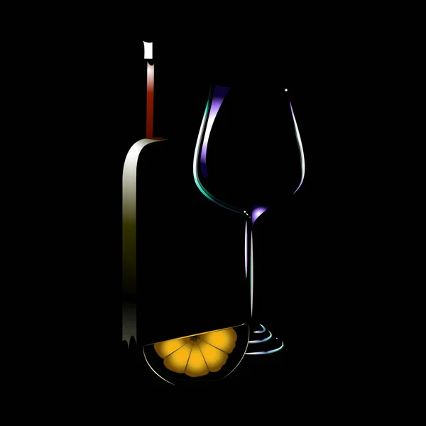 Flaska Vin Med Ett Glas Och Skiva Citron Eller Apelsin — Stock vektor