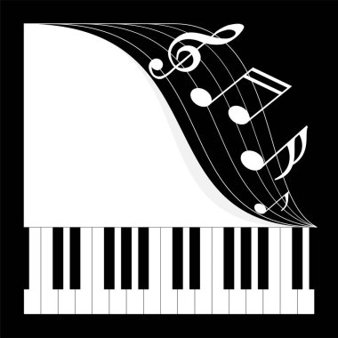  Müzik aleti, notalı beyaz kuyruklu piyano, siyah arka planda kartpostal..