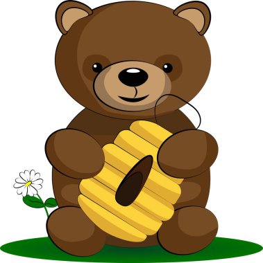 Bir kavanoz bal taşı. Ayı çayırda oturur ve bal yer..