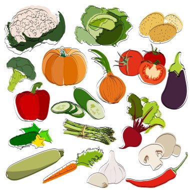 Sebze takımı. Siluetler. Düz vektör illüstrasyonu. 