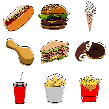 Silüeti ayarlayın. Fast food. Vektör illüstrasyonu.