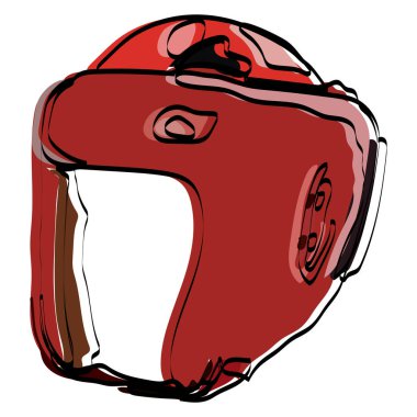 Boks, kickboks. Sporu ve sağlıklı bir yaşam tarzını teşvik etmek. Çizgi film vektör çizimi. Beyaz arka planda kırmızı boks kaskı. Boksörün ekipmanının gerçekçi bir simgesi.