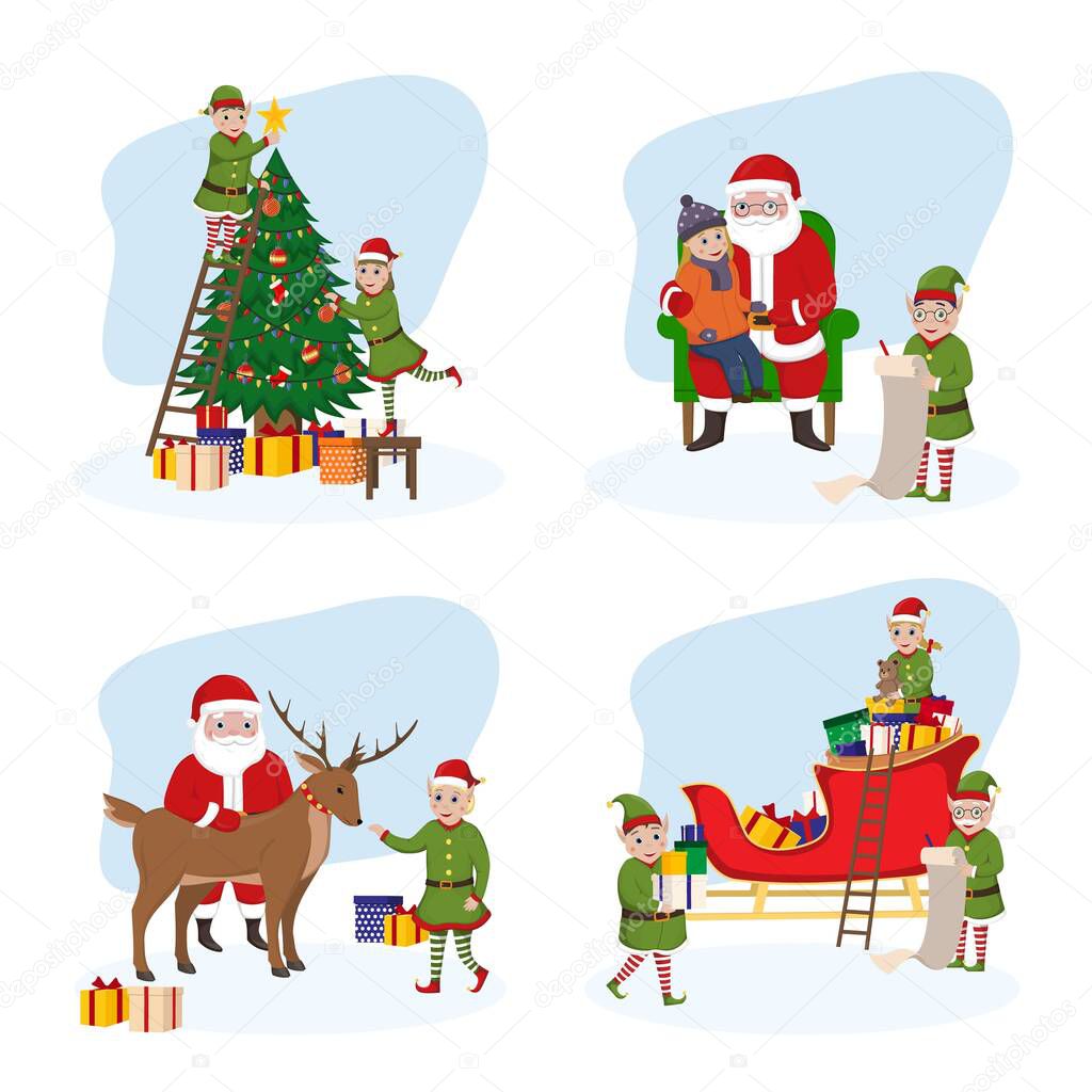 Christmas set with santa claus,elves,deer,hristmas tree. Christmas character.Vector illustration isolated on white background.