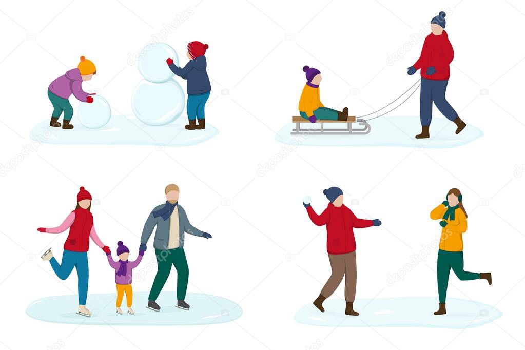  Winter season vector illustration. Outdoor games and activities. Flat characters skate, make a snowman, play snowballs and have fun.