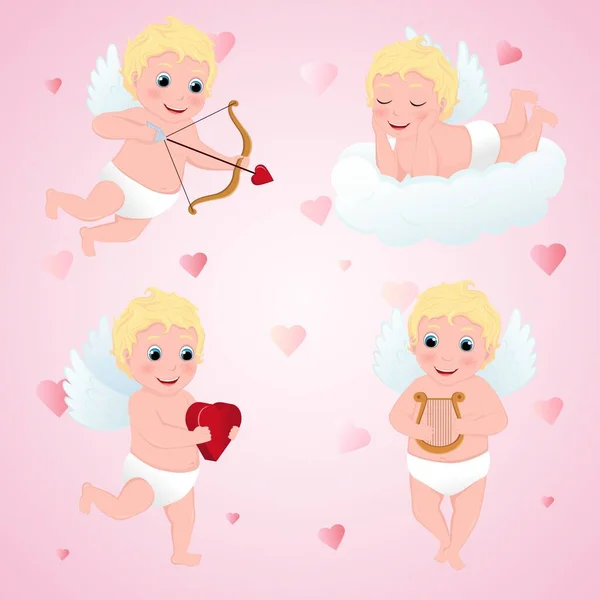 Cute Cupid Character Set Different Poses Happy Valentine Day Vector — Stock Vector