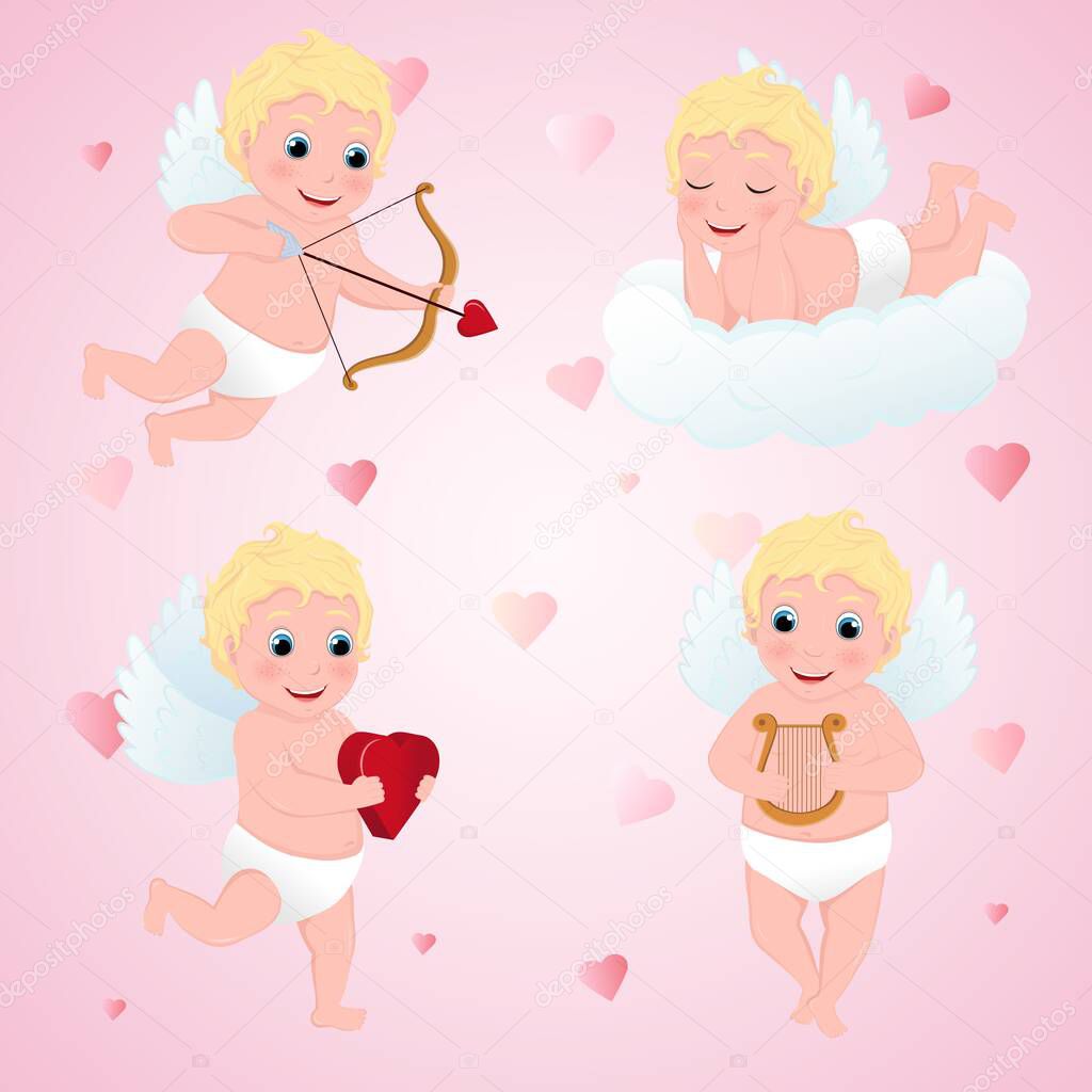 Cute Cupid character set in different poses. Happy Valentine's Day. Vector illustration