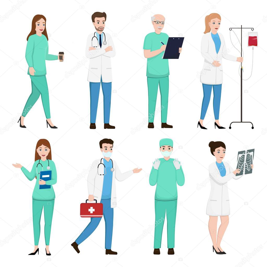 Set of doctor characters. Professional medical team.Vector illustration isolated on white background